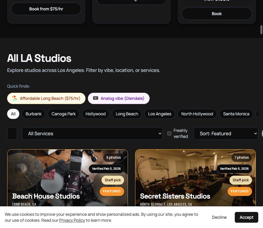LA Studio Finder directory showing neighborhood controls, service and verification filters, sorting, and studio cards